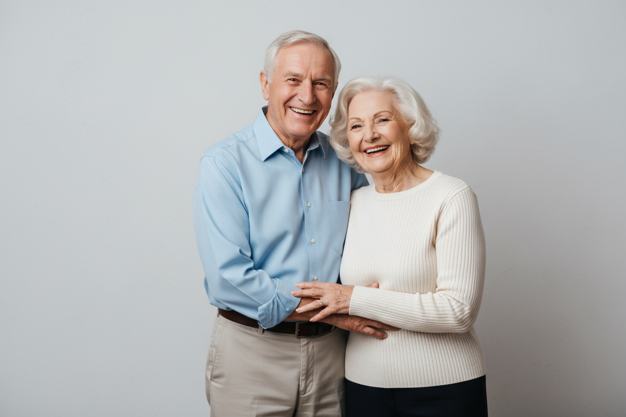 A happy old couple in a neutral background
